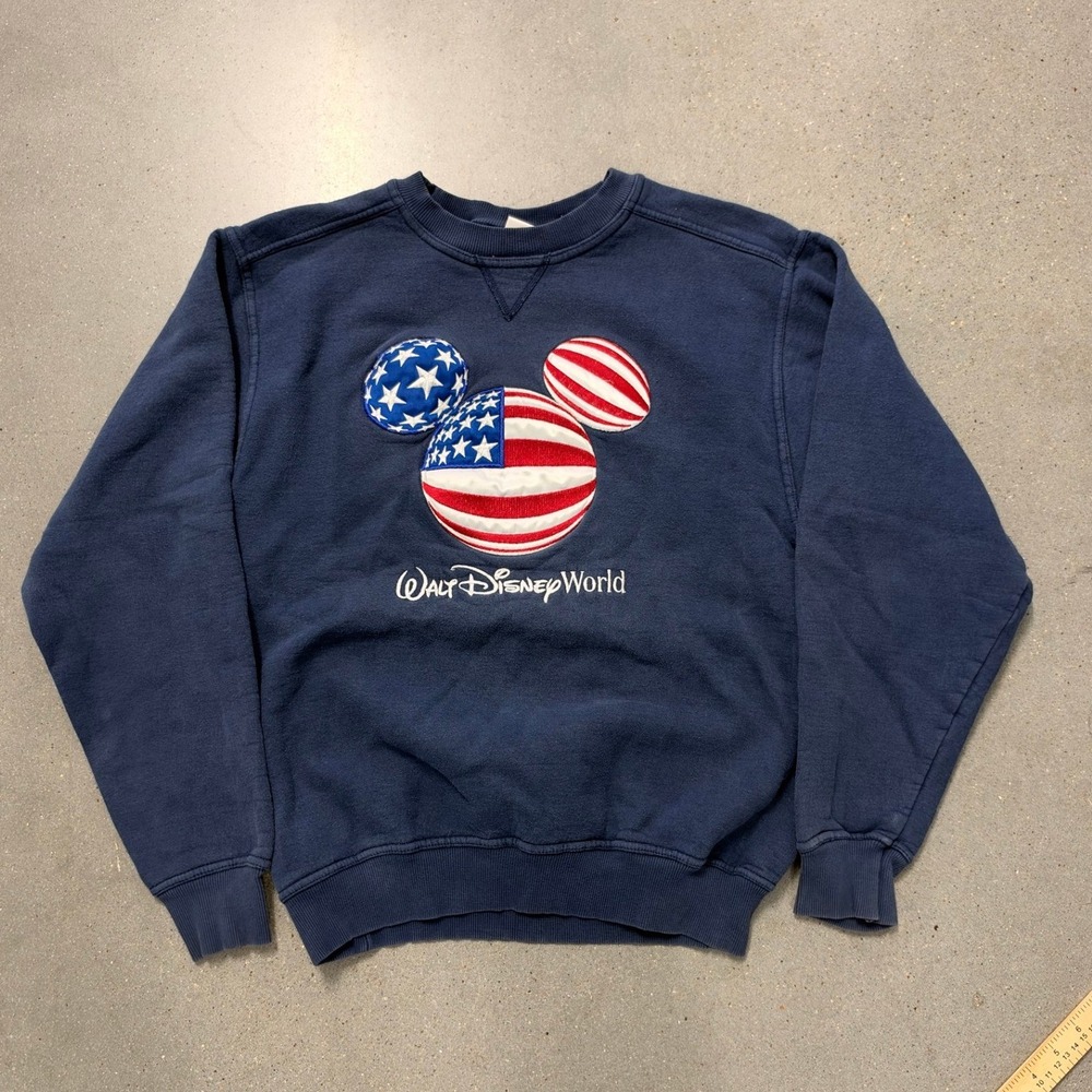 Walt Disney World Mickey Mouse American Flag Crewneck Sweatshirt Navy Blue M